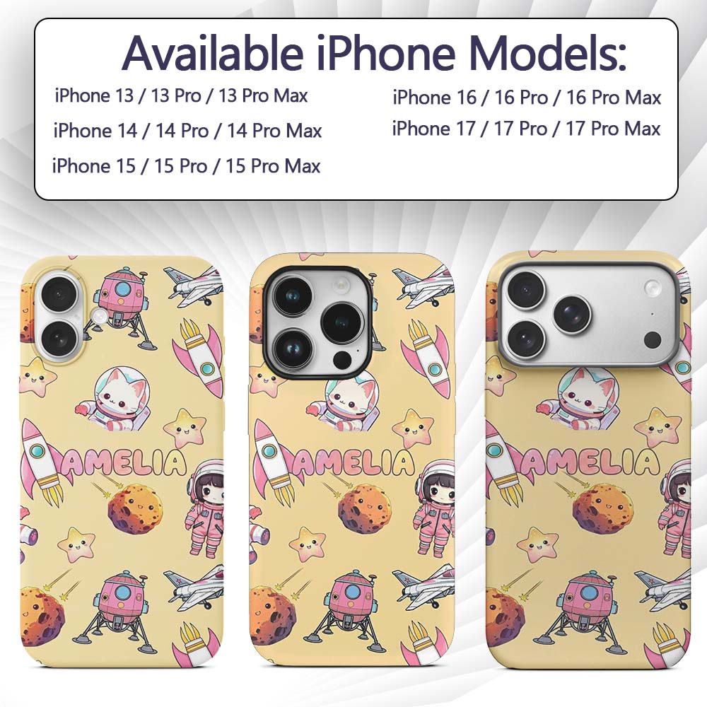 Space Cat Astronaut Girl Rockets Stars Seamless Custom Name Protective Phone Case Mobile Cover Durable Everyday Smartphone Shock Resistant