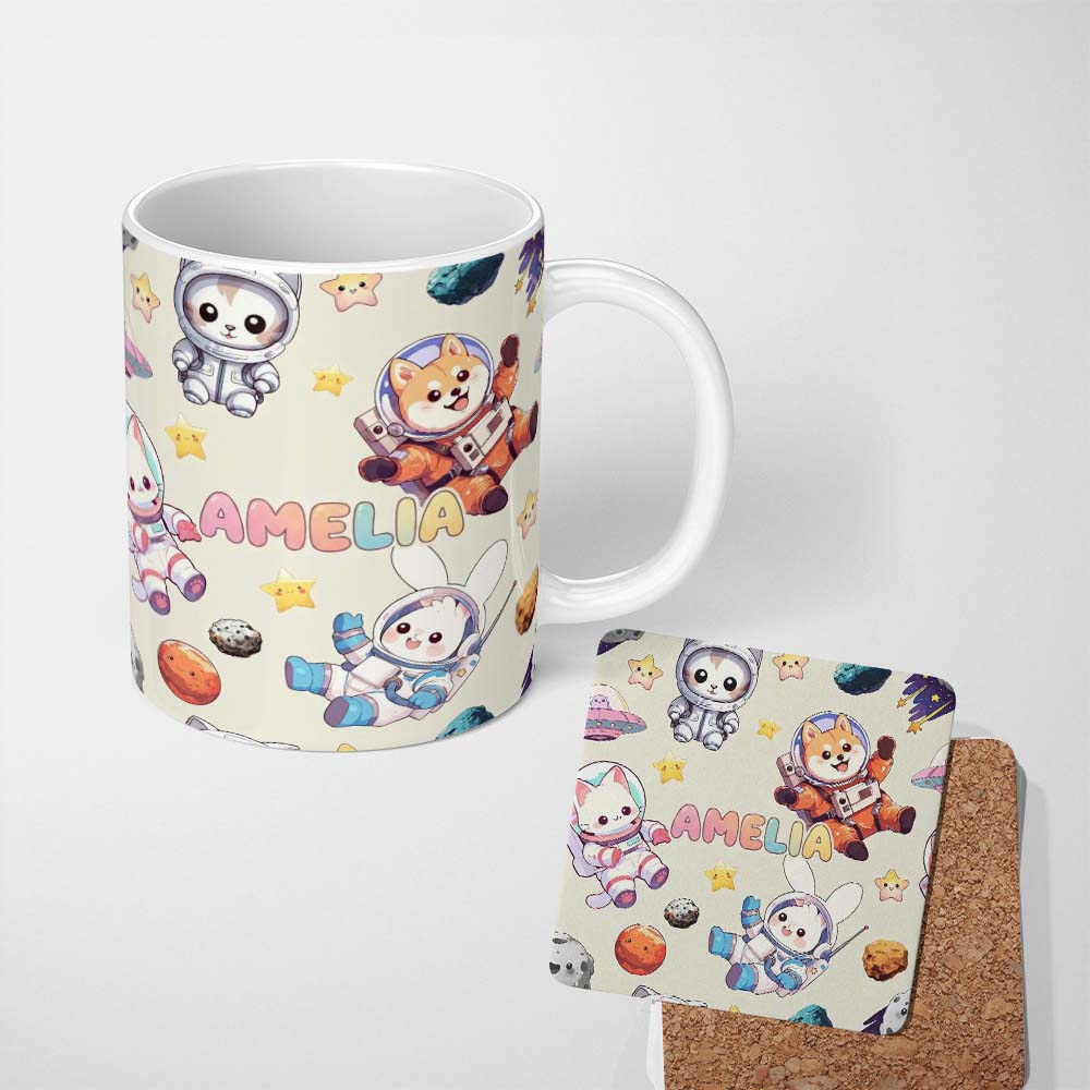 Personalized Custom Name Space Animals Astronaut Dog Bunny UFO Stars Seamless Cream 11oz Ceramic Coffee Tea Mug White Large Handle