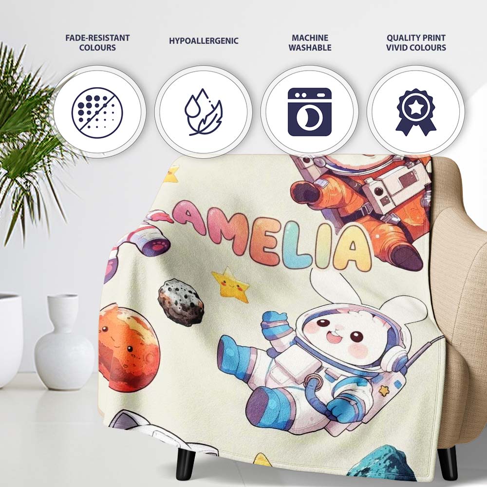 Space Animals Astronaut Dog Bunny UFO Stars Seamless Cream Personalised Custom Name Super Soft Fleece Blanket Bed Sofa Throw