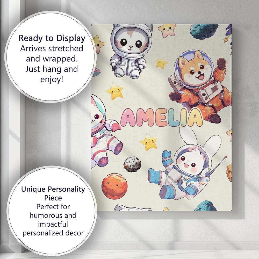 Personalised Name Space Animals Astronaut Custom Unique Gift Idea Elegant Feature Canvas Wall Art Print Decor Picture Ready to Hang