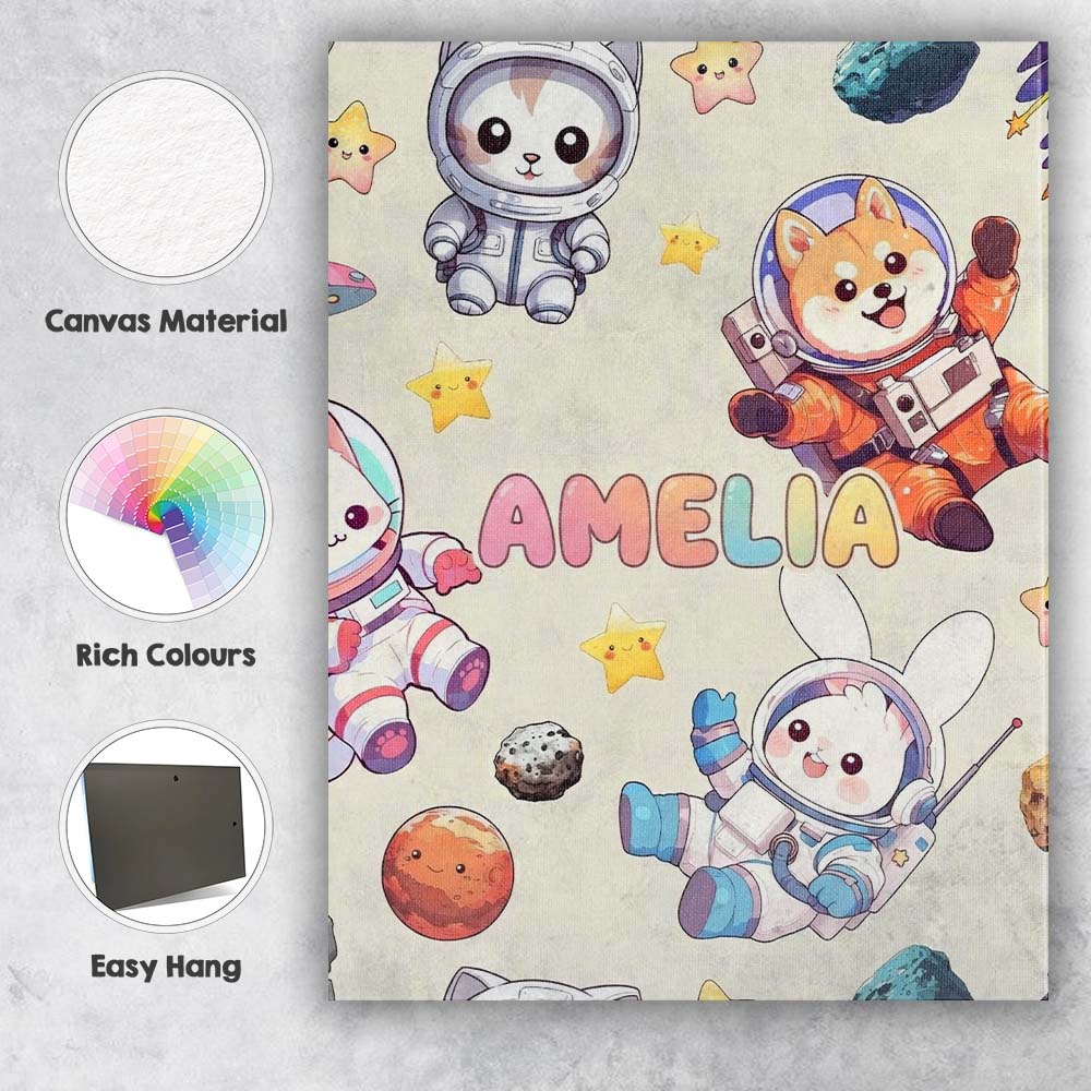 Personalised Name Space Animals Astronaut Custom Unique Gift Idea Elegant Feature Canvas Wall Art Print Decor Picture Ready to Hang