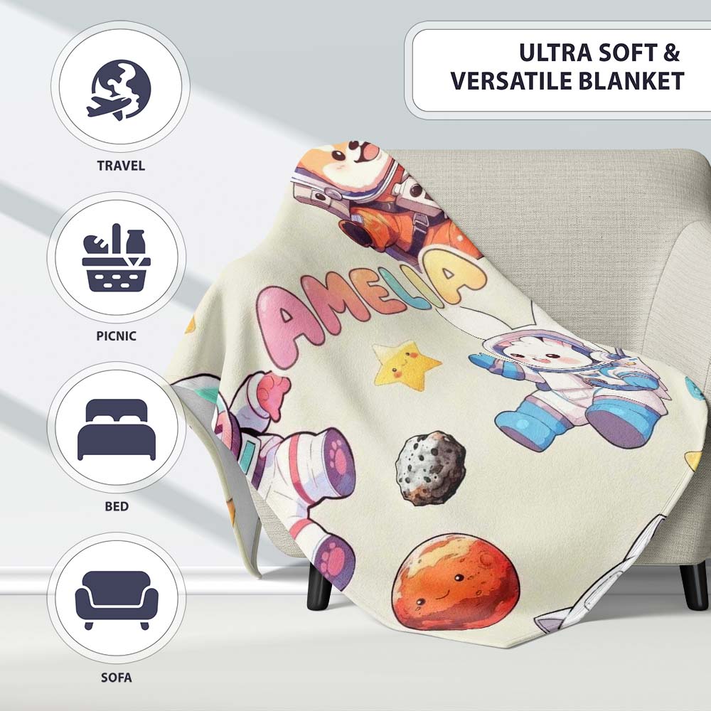 Space Animals Astronaut Dog Bunny UFO Stars Seamless Cream Personalised Custom Name Super Soft Fleece Blanket Bed Sofa Throw