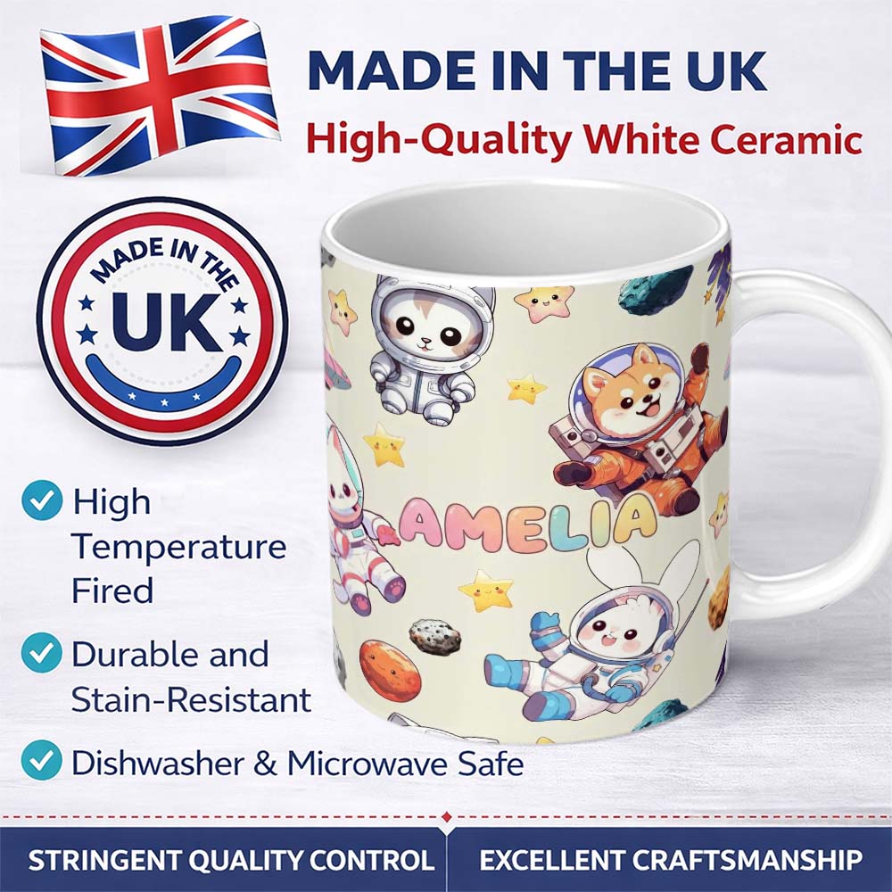 Personalized Custom Name Space Animals Astronaut Dog Bunny UFO Stars Seamless Cream 11oz Ceramic Coffee Tea Mug White Large Handle