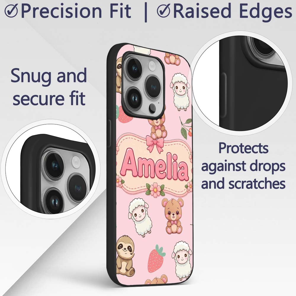 Cute Bear Sloth Lamb Cherry Strawberry Seamless Custom Name Protective Phone Case Mobile Cover Durable Everyday Smartphone Shock Resistant