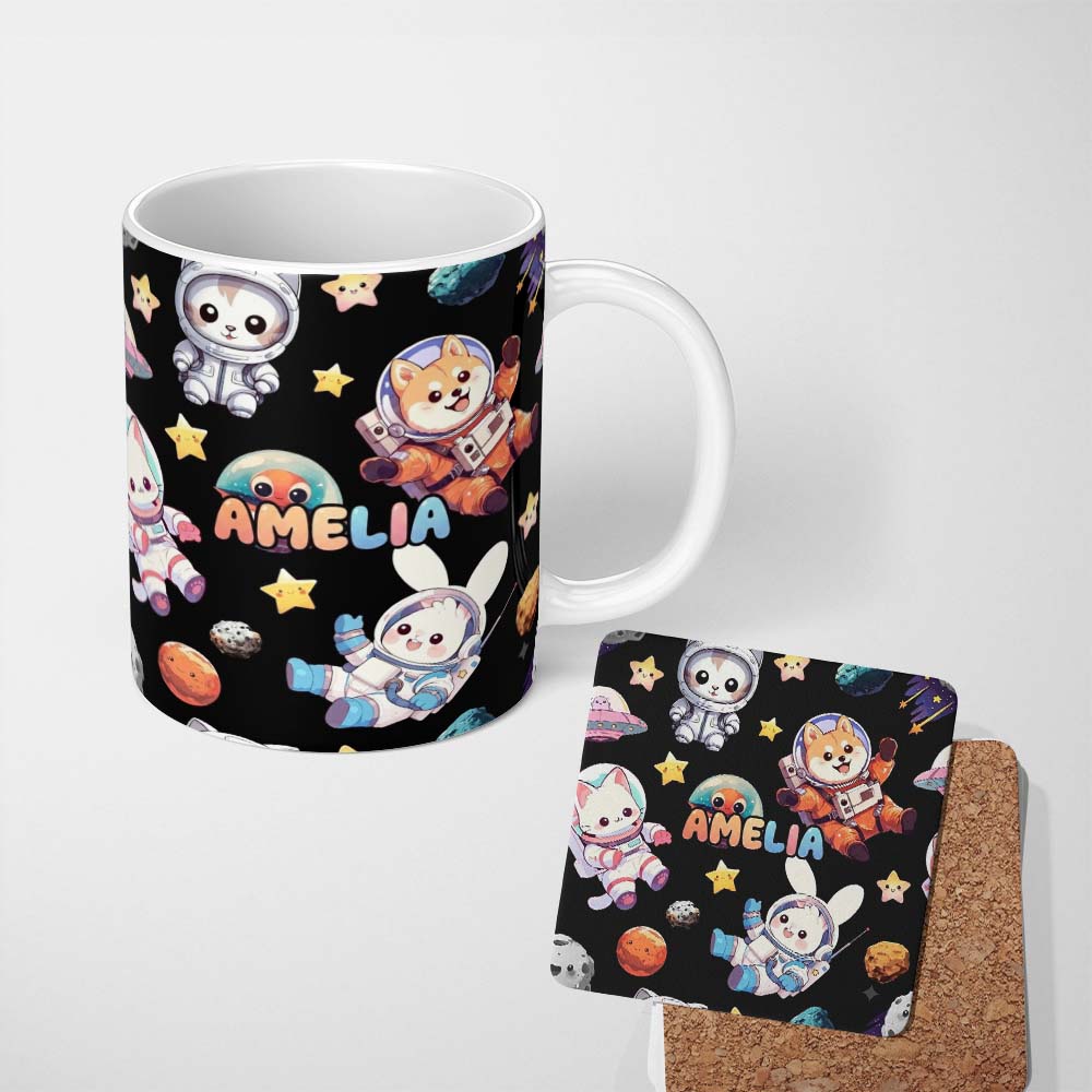 Personalized Custom Name Space Animals Astronaut Dog Bunny UFO Stars Seamless Black 11oz Ceramic Coffee Tea Mug White Large Handle