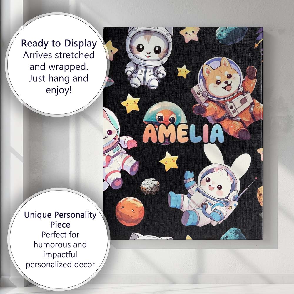 Personalised Name Space Animals Astronaut Custom Unique Gift Idea Elegant Feature Canvas Wall Art Print Decor Picture Ready to Hang