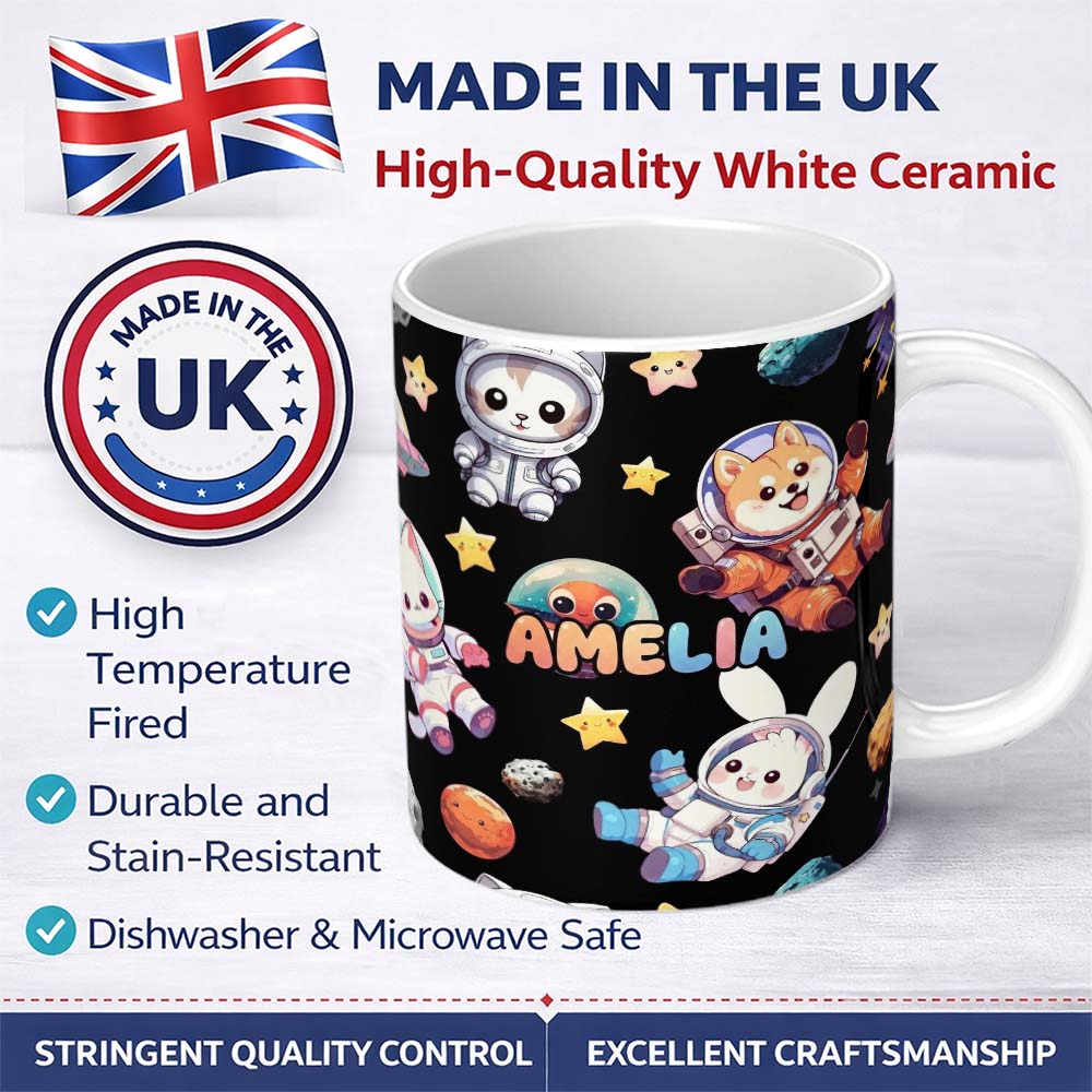 Personalized Custom Name Space Animals Astronaut Dog Bunny UFO Stars Seamless Black 11oz Ceramic Coffee Tea Mug White Large Handle