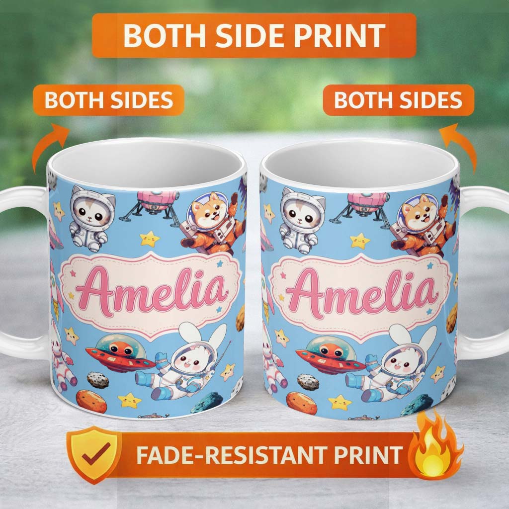 Personalized Custom Name Space Animals Astronaut Dog Bunny UFO Stars Seamless Blue 11oz Ceramic Coffee Tea Mug White Large Handle