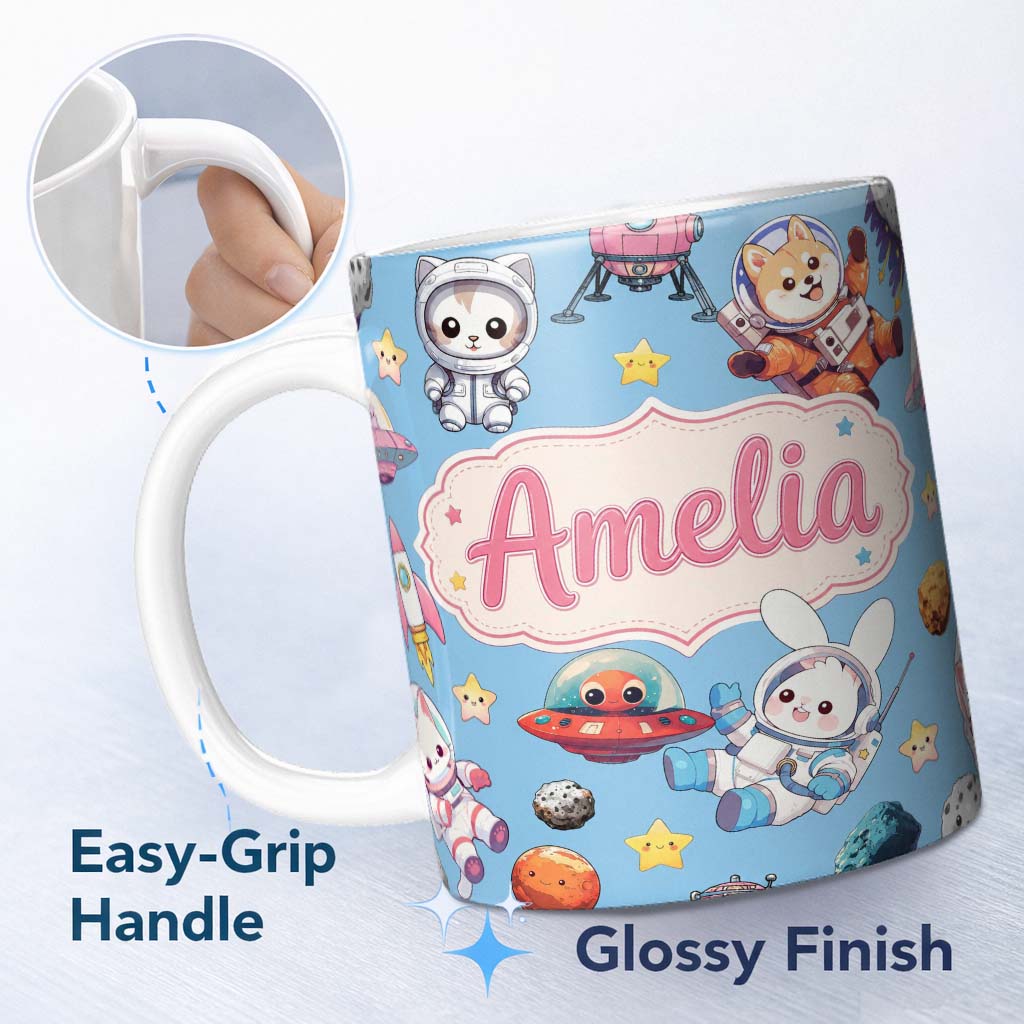 Personalized Custom Name Space Animals Astronaut Dog Bunny UFO Stars Seamless Blue 11oz Ceramic Coffee Tea Mug White Large Handle