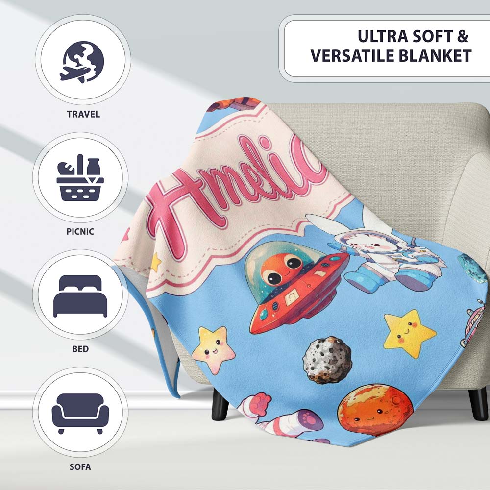 Space Animals Astronaut Dog Bunny UFO Stars Seamless Blue Personalised Custom Name Super Soft Fleece Blanket Bed Sofa Throw