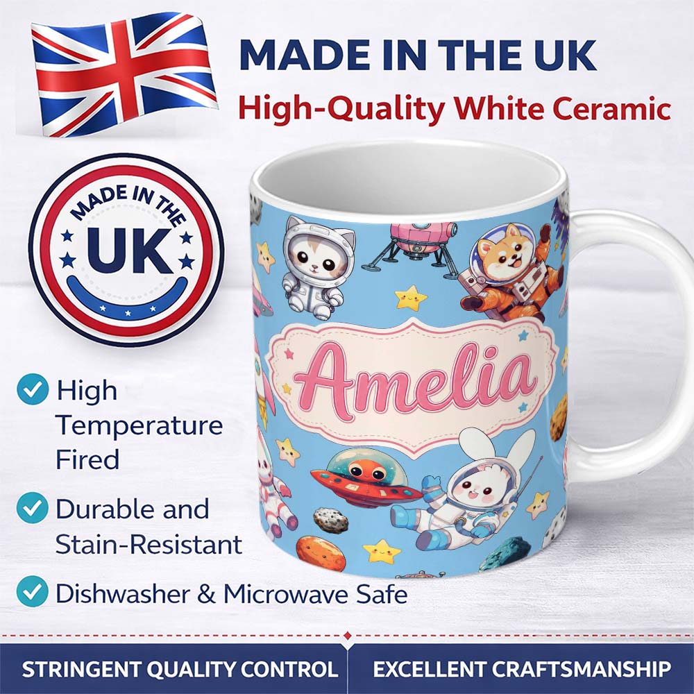 Personalized Custom Name Space Animals Astronaut Dog Bunny UFO Stars Seamless Blue 11oz Ceramic Coffee Tea Mug White Large Handle