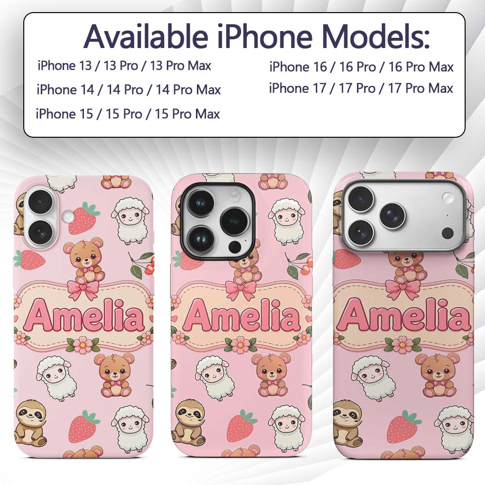 Cute Bear Sloth Lamb Cherry Strawberry Seamless Custom Name Protective Phone Case Mobile Cover Durable Everyday Smartphone Shock Resistant
