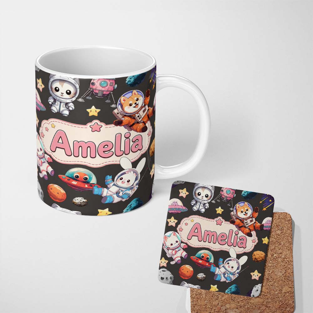 Personalized Custom Name Space Animals Astronaut Dog Bunny UFO Stars Seamless Dark 11oz Ceramic Coffee Tea Mug White Large Handle