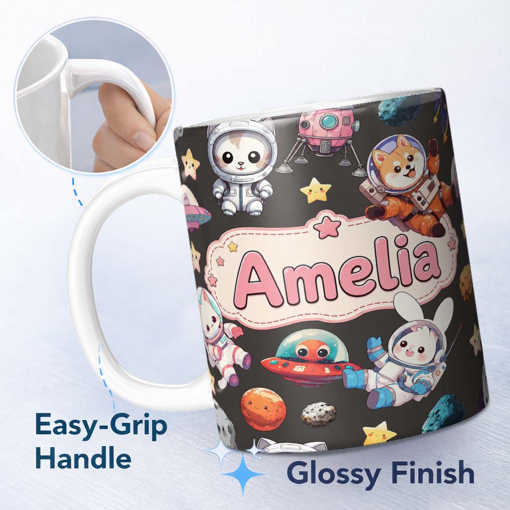 Personalized Custom Name Space Animals Astronaut Dog Bunny UFO Stars Seamless Dark 11oz Ceramic Coffee Tea Mug White Large Handle