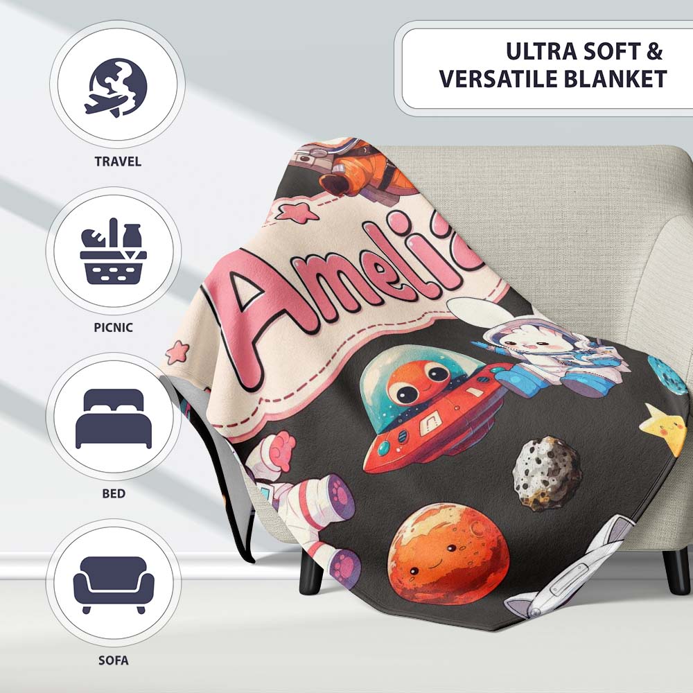 Space Animals Astronaut Dog Bunny UFO Stars Seamless Dark Personalised Custom Name Super Soft Fleece Blanket Bed Sofa Throw