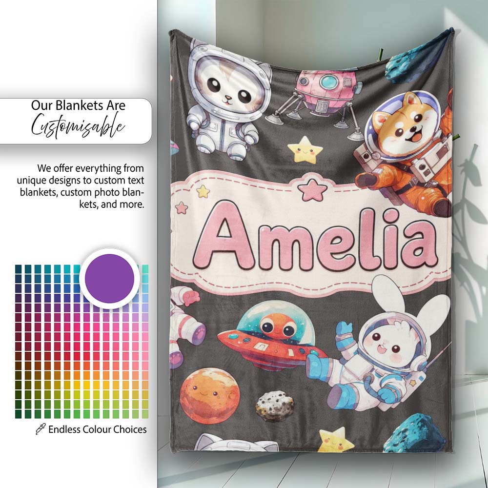 Space Animals Astronaut Dog Bunny UFO Stars Seamless Dark Personalised Custom Name Super Soft Fleece Blanket Bed Sofa Throw