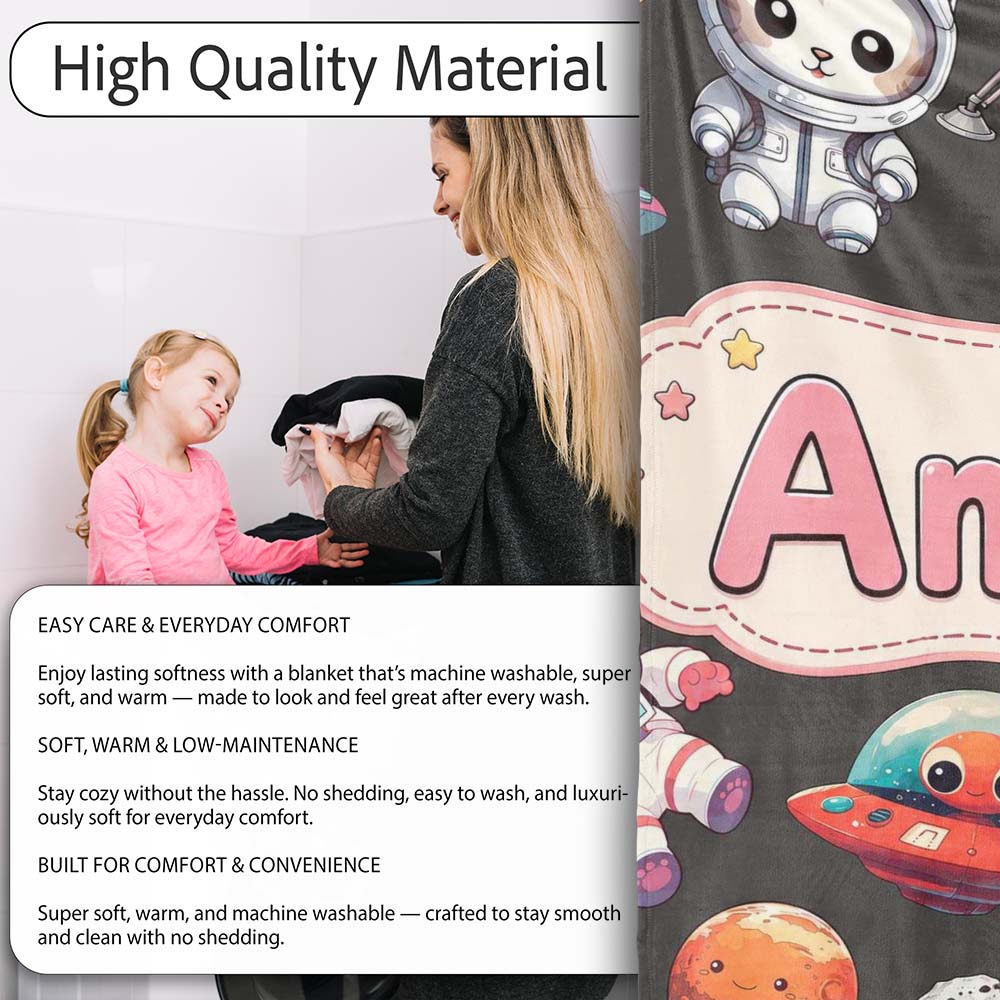 Space Animals Astronaut Dog Bunny UFO Stars Seamless Dark Personalised Custom Name Super Soft Fleece Blanket Bed Sofa Throw