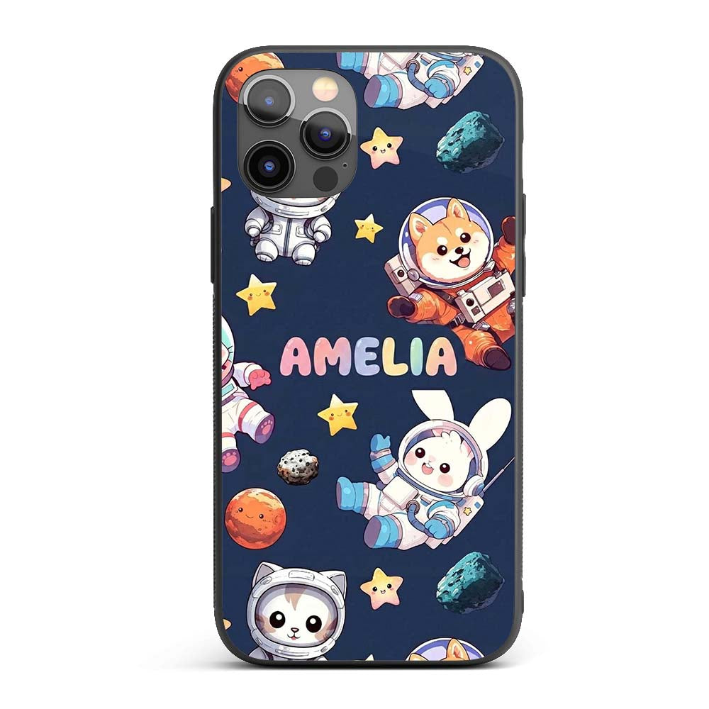 Space Animals Astronaut Dog Bunny Printed Design Custom Name Protective Phone Case Mobile Cover Durable Everyday Smartphone Shock Resistant