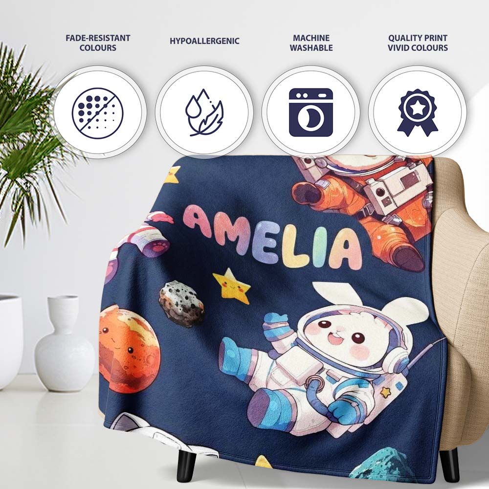 Space Animals Astronaut Dog Bunny UFO Stars Seamless Navy Personalised Custom Name Super Soft Fleece Blanket Bed Sofa Throw
