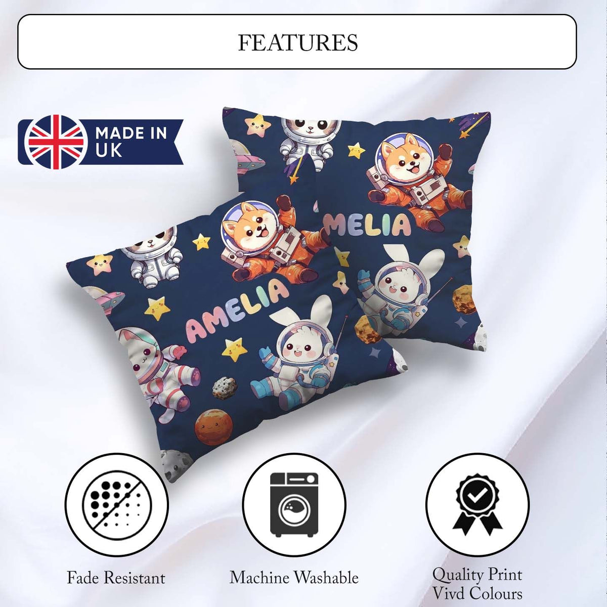 Custom Name Space Animals Astronaut Dog Bunny UFO Stars Seamless Square Filled Cushion Throw Pillow Sofa Bed Home Decor Zip Washable UK Made