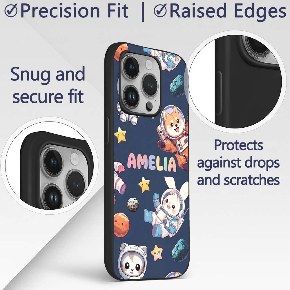 Space Animals Astronaut Dog Bunny Printed Design Custom Name Protective Phone Case Mobile Cover Durable Everyday Smartphone Shock Resistant