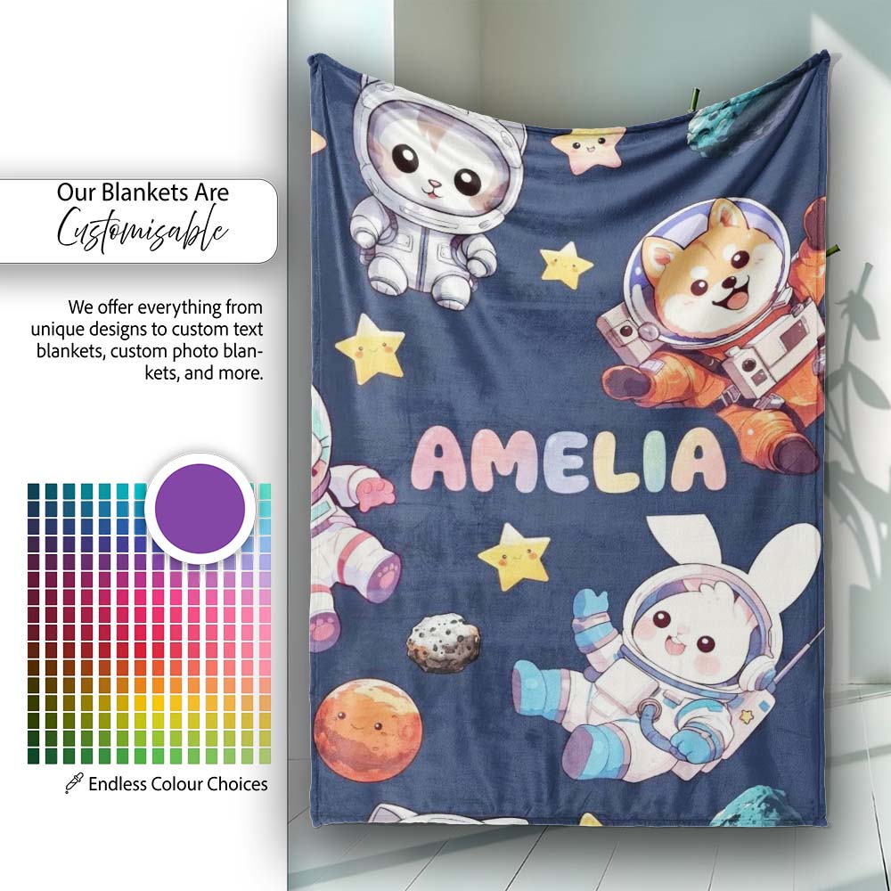 Space Animals Astronaut Dog Bunny UFO Stars Seamless Navy Personalised Custom Name Super Soft Fleece Blanket Bed Sofa Throw