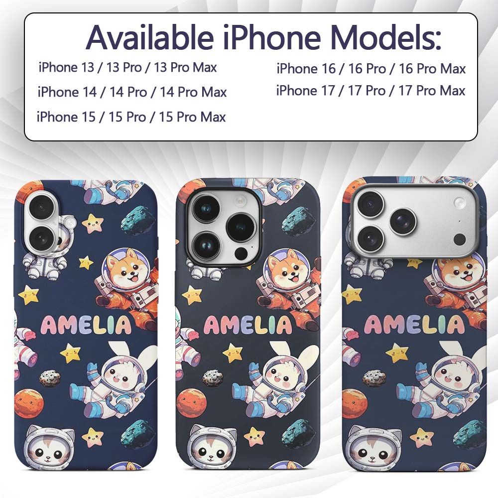 Space Animals Astronaut Dog Bunny Printed Design Custom Name Protective Phone Case Mobile Cover Durable Everyday Smartphone Shock Resistant