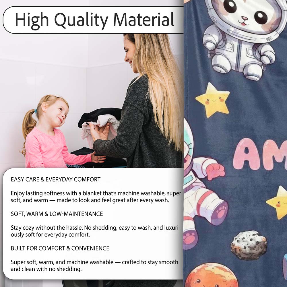 Space Animals Astronaut Dog Bunny UFO Stars Seamless Navy Personalised Custom Name Super Soft Fleece Blanket Bed Sofa Throw