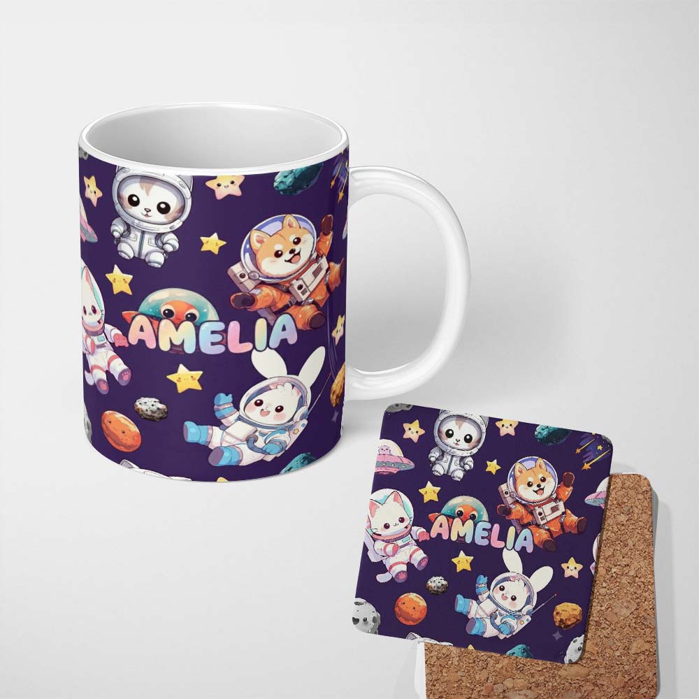 Personalized Custom Name Space Animals Astronaut Dog Bunny UFO Stars Seamless Purple 11oz Ceramic Coffee Tea Mug White Large Handle