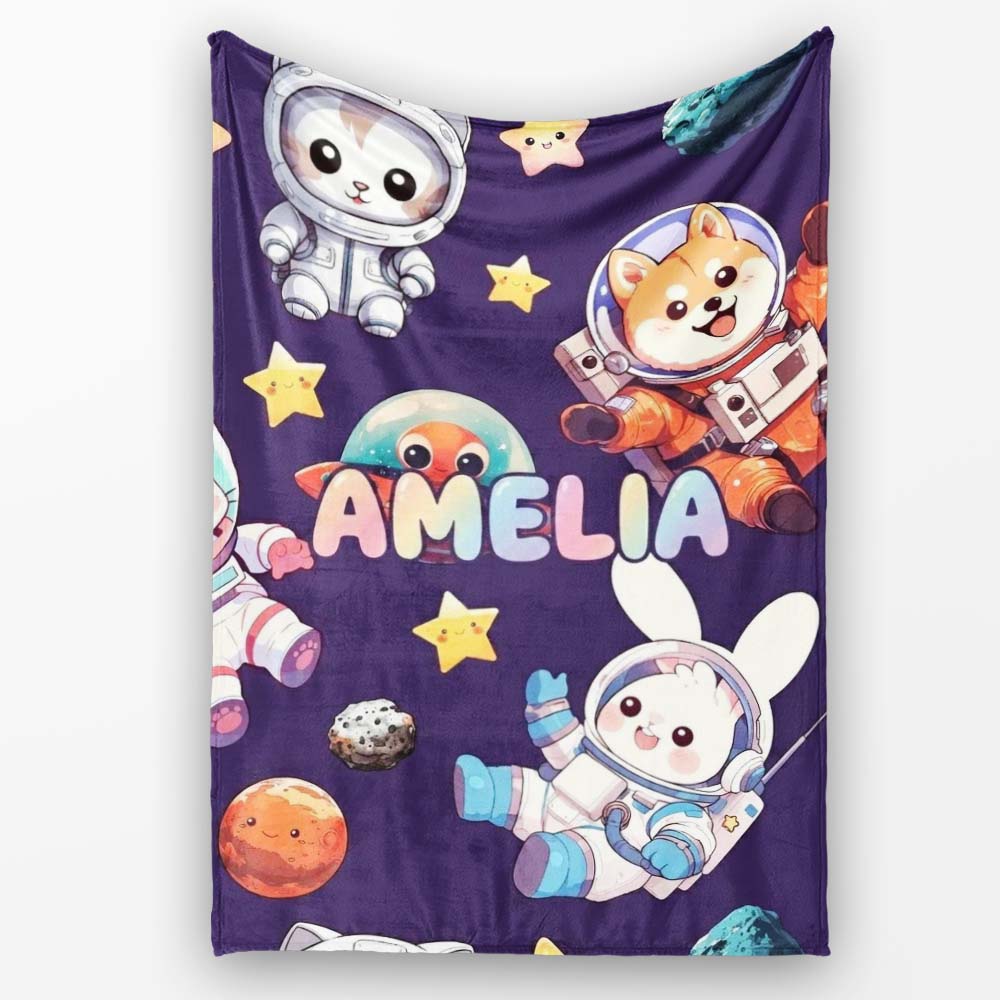 Space Animals Astronaut Dog Bunny UFO Stars Seamless Purple Personalised Custom Name Super Soft Fleece Blanket Bed Sofa Throw