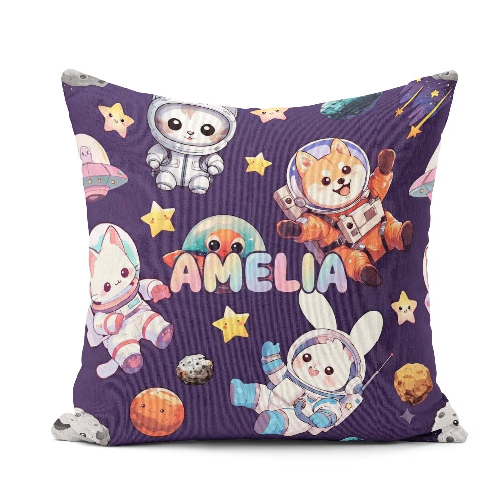 Custom Name Space Animals Astronaut Dog Bunny UFO Stars Seamless Square Filled Cushion Throw Pillow Sofa Bed Home Decor Zip Washable UK Made