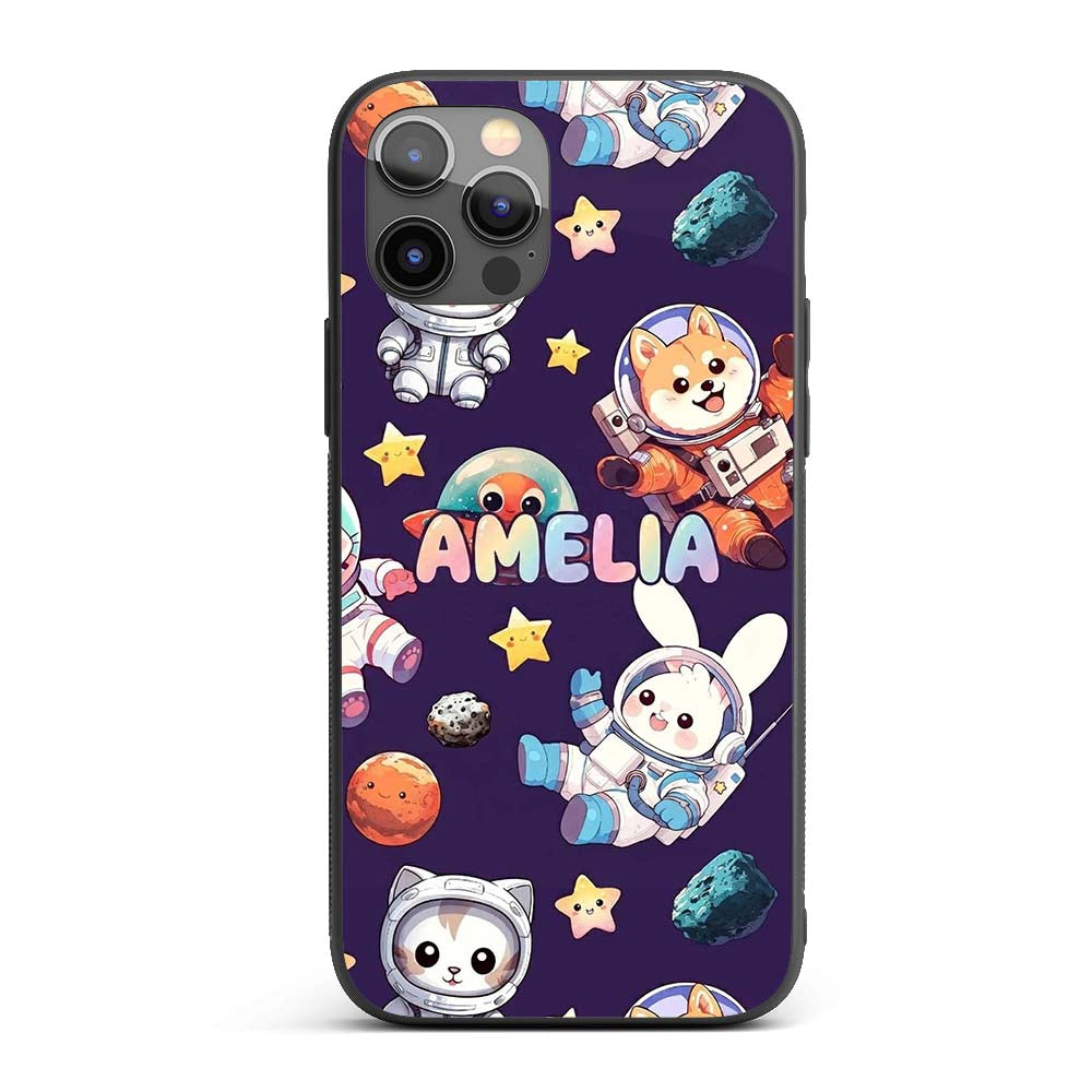 Space Animals Astronaut Dog Bunny Printed Design Custom Name Protective Phone Case Mobile Cover Durable Everyday Smartphone Shock Resistant