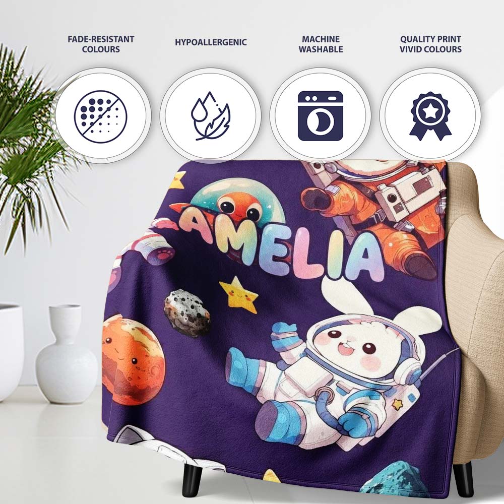 Space Animals Astronaut Dog Bunny UFO Stars Seamless Purple Personalised Custom Name Super Soft Fleece Blanket Bed Sofa Throw