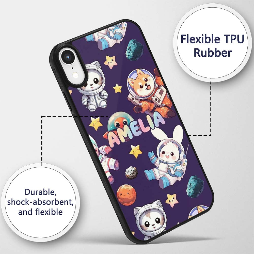 Space Animals Astronaut Dog Bunny Printed Design Custom Name Protective Phone Case Mobile Cover Durable Everyday Smartphone Shock Resistant