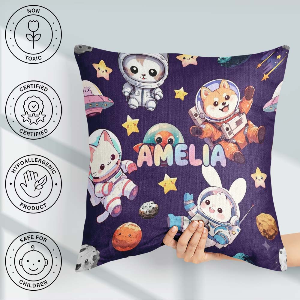 Custom Name Space Animals Astronaut Dog Bunny UFO Stars Seamless Square Filled Cushion Throw Pillow Sofa Bed Home Decor Zip Washable UK Made
