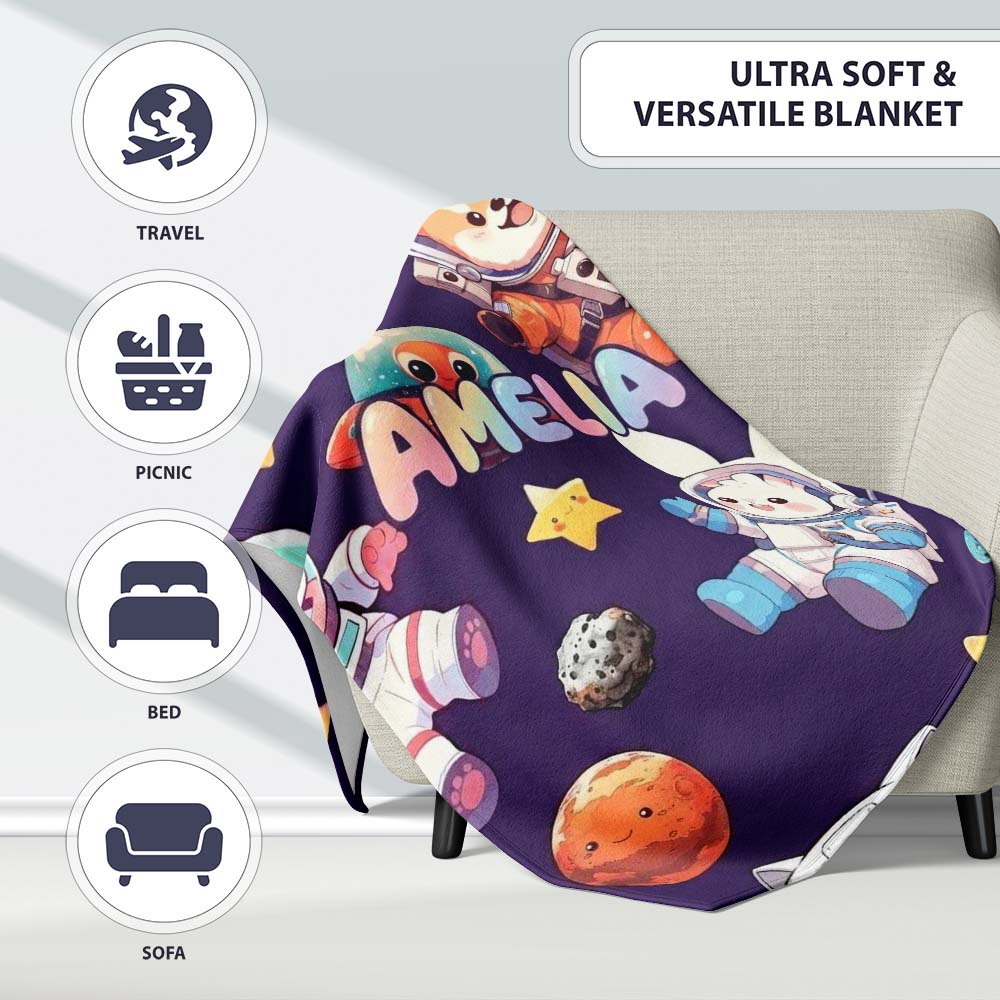 Space Animals Astronaut Dog Bunny UFO Stars Seamless Purple Personalised Custom Name Super Soft Fleece Blanket Bed Sofa Throw