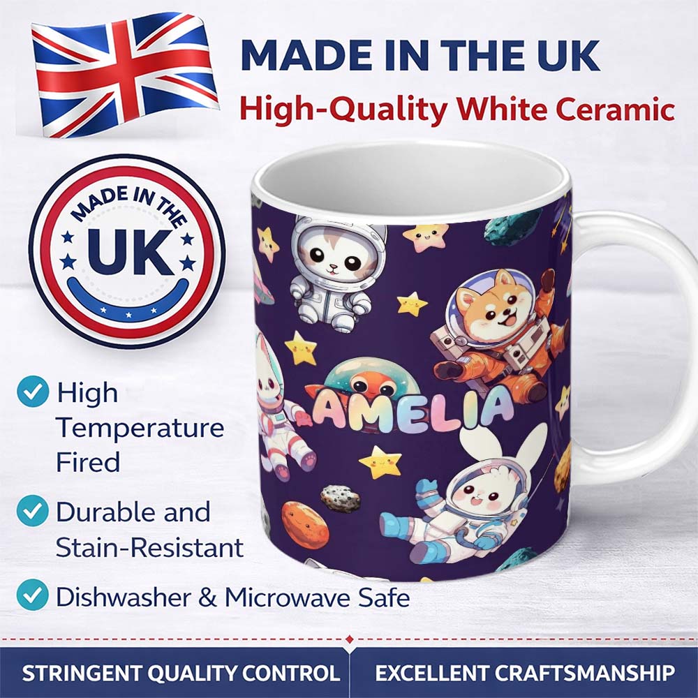 Personalized Custom Name Space Animals Astronaut Dog Bunny UFO Stars Seamless Purple 11oz Ceramic Coffee Tea Mug White Large Handle