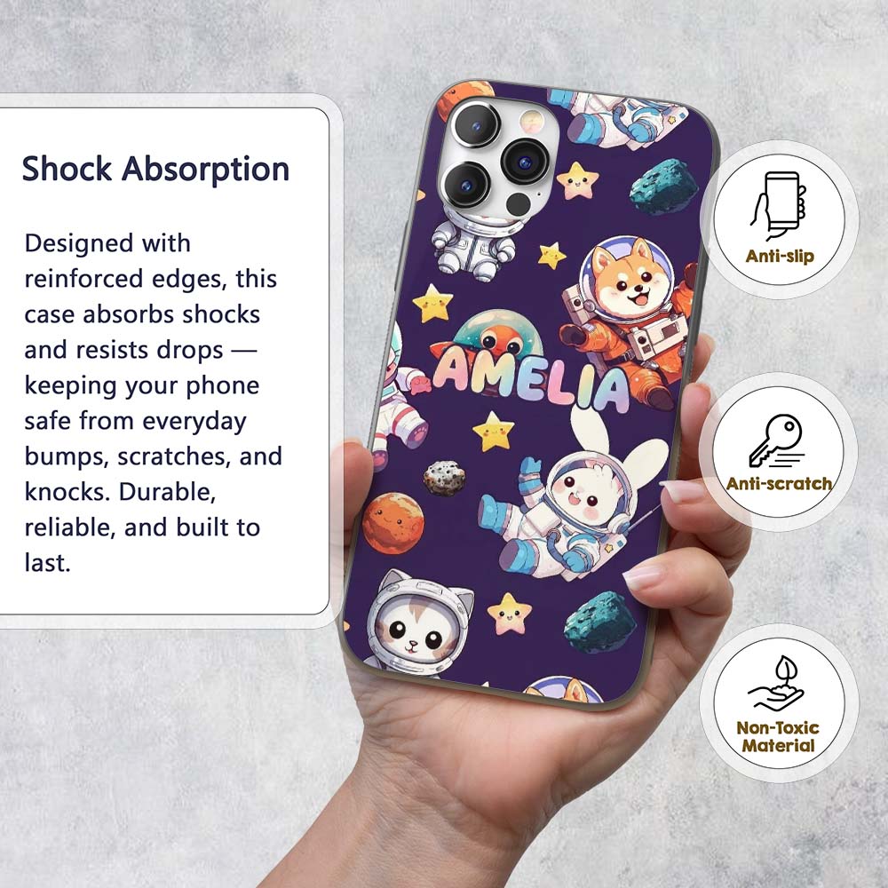 Space Animals Astronaut Dog Bunny Printed Design Custom Name Protective Phone Case Mobile Cover Durable Everyday Smartphone Shock Resistant