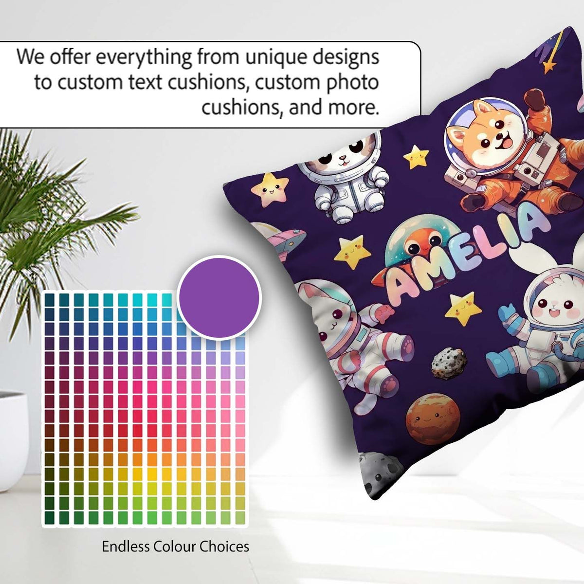 Custom Name Space Animals Astronaut Dog Bunny UFO Stars Seamless Square Filled Cushion Throw Pillow Sofa Bed Home Decor Zip Washable UK Made