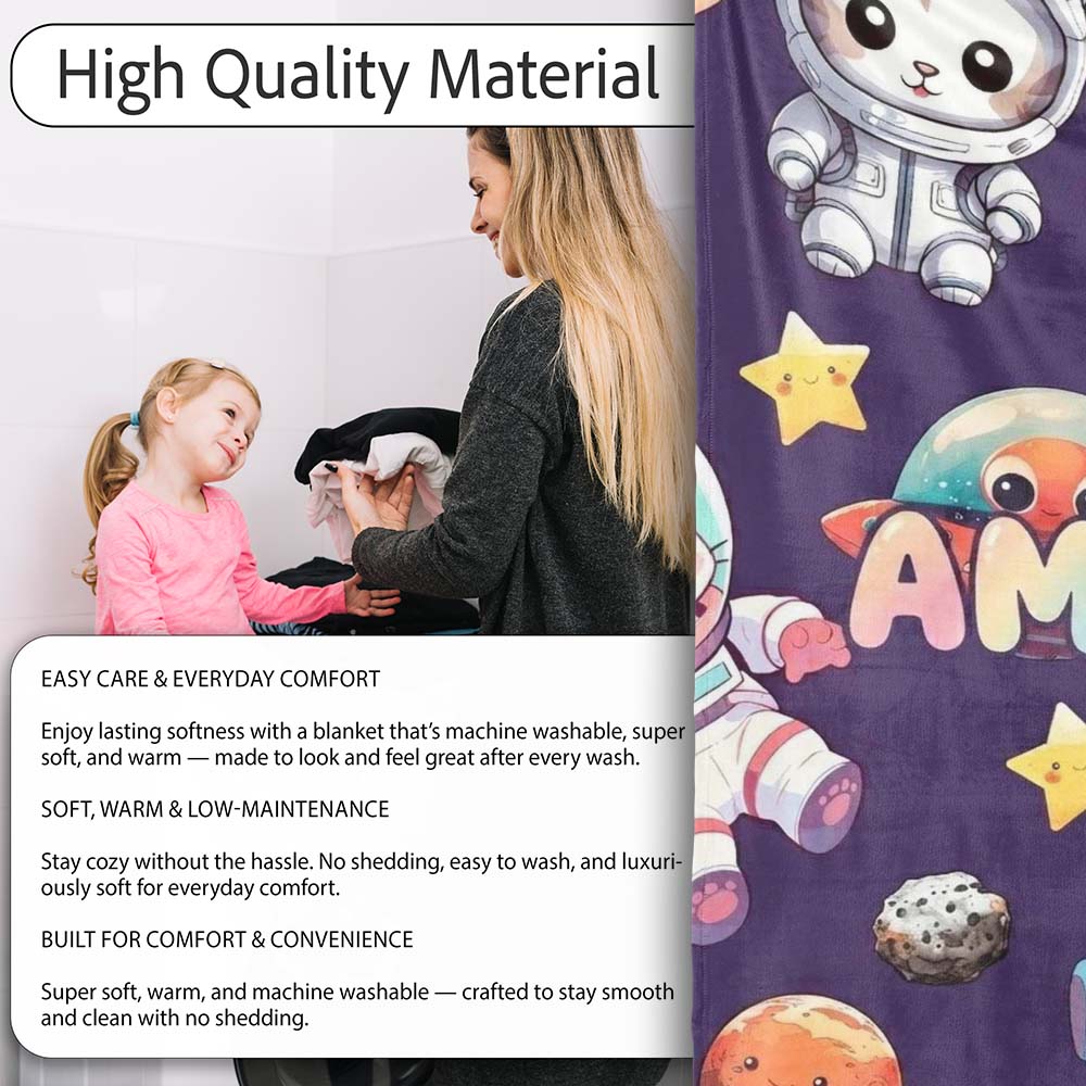 Space Animals Astronaut Dog Bunny UFO Stars Seamless Purple Personalised Custom Name Super Soft Fleece Blanket Bed Sofa Throw