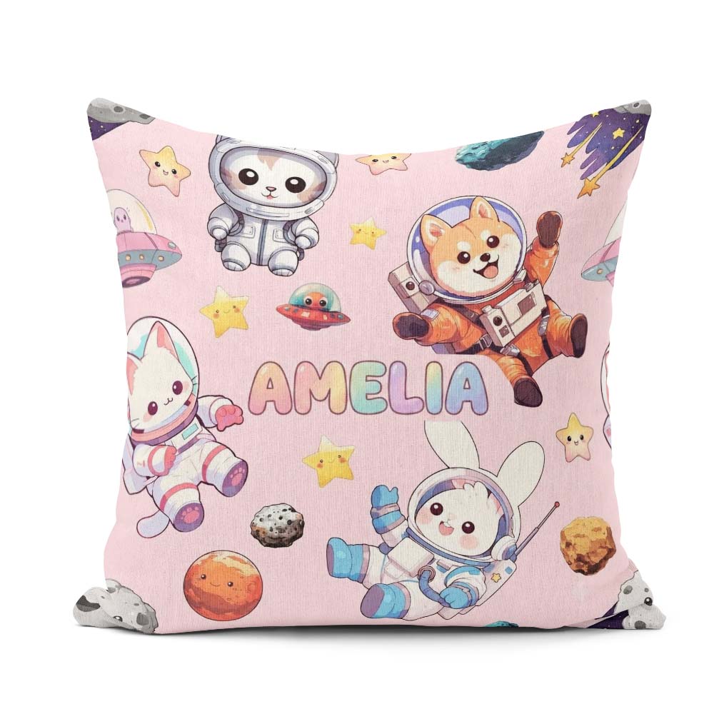 Custom Name Space Animals Astronaut Dog Bunny UFO Stars Seamless Square Filled Cushion Throw Pillow Sofa Bed Home Decor Zip Washable UK Made