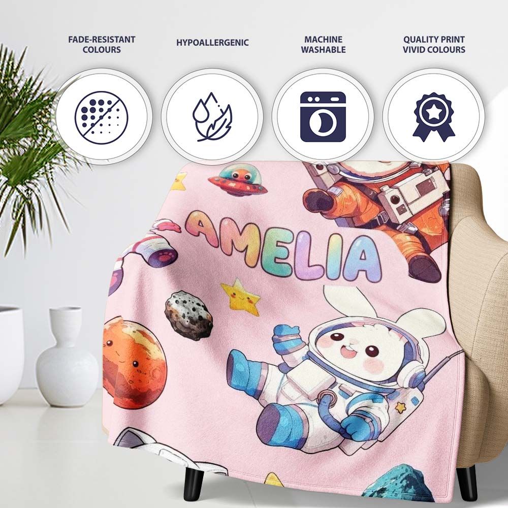 Space Animals Astronaut Dog Bunny UFO Stars Seamless Blush Pink Personalised Custom Name Super Soft Fleece Blanket Bed Sofa Throw