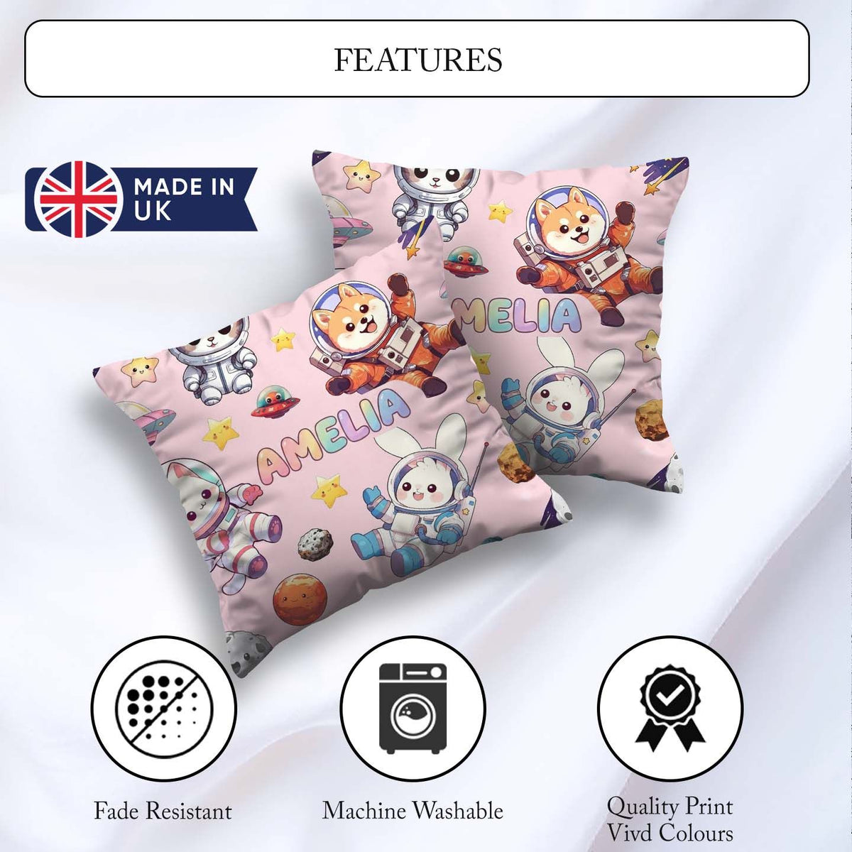 Custom Name Space Animals Astronaut Dog Bunny UFO Stars Seamless Square Filled Cushion Throw Pillow Sofa Bed Home Decor Zip Washable UK Made