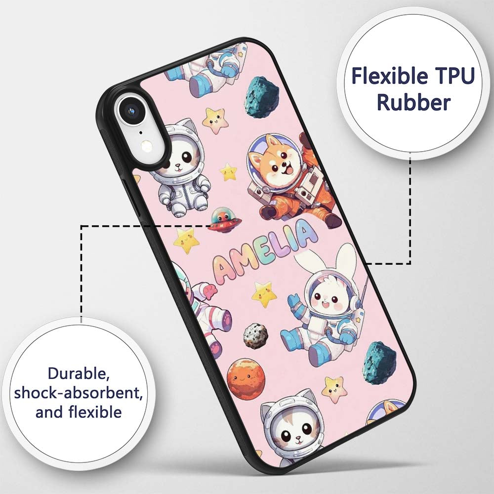 Space Animals Astronaut Dog Bunny Printed Design Custom Name Protective Phone Case Mobile Cover Durable Everyday Smartphone Shock Resistant