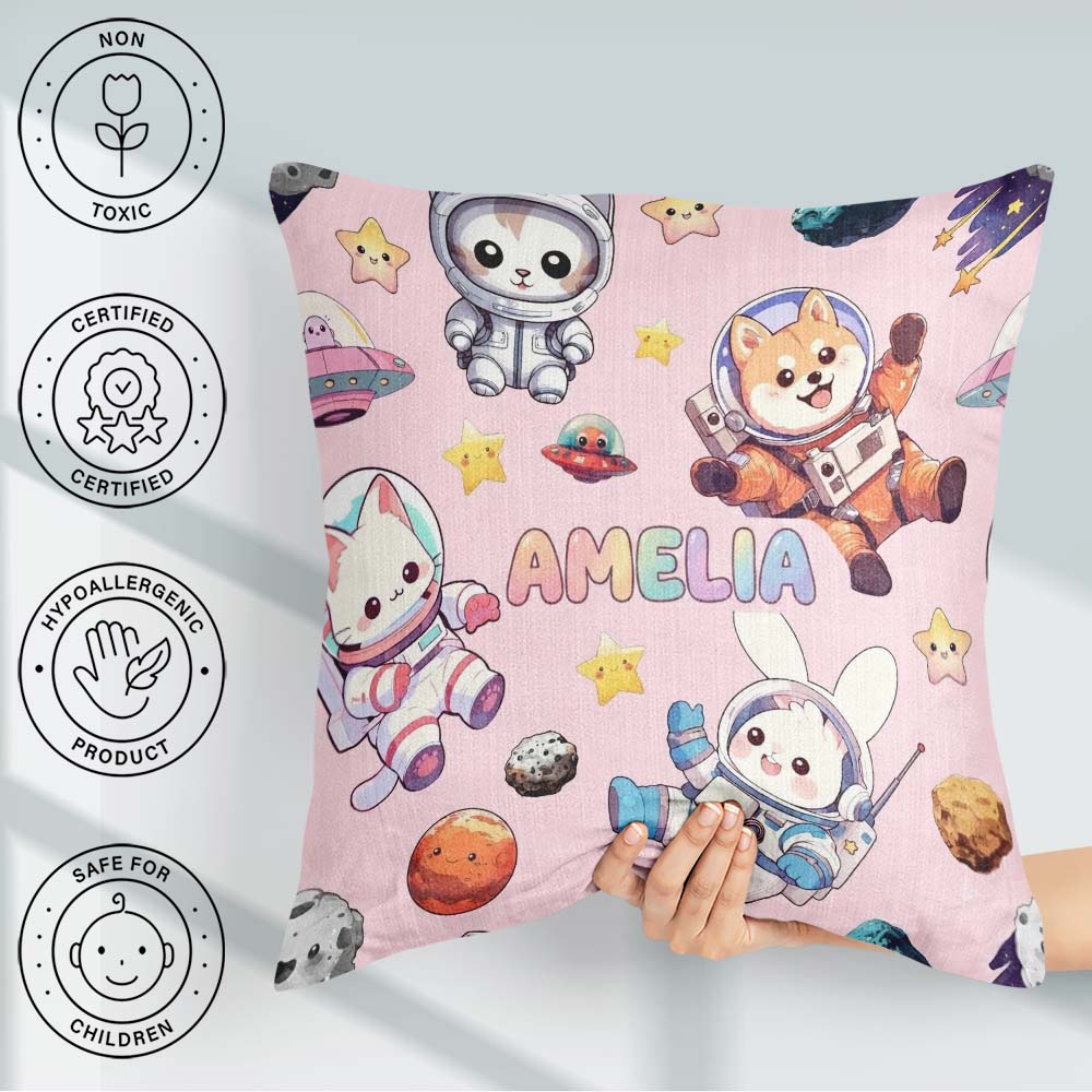 Custom Name Space Animals Astronaut Dog Bunny UFO Stars Seamless Square Filled Cushion Throw Pillow Sofa Bed Home Decor Zip Washable UK Made