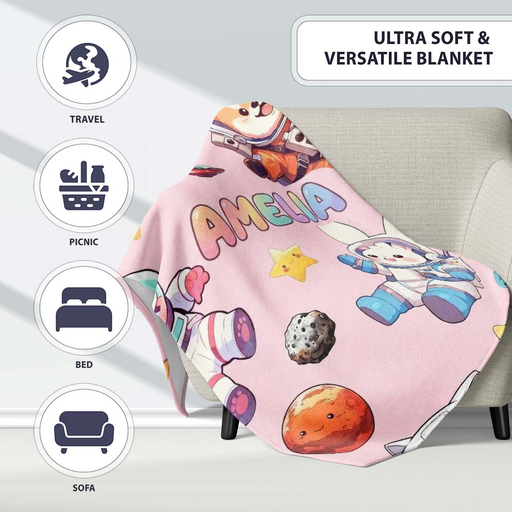 Space Animals Astronaut Dog Bunny UFO Stars Seamless Blush Pink Personalised Custom Name Super Soft Fleece Blanket Bed Sofa Throw