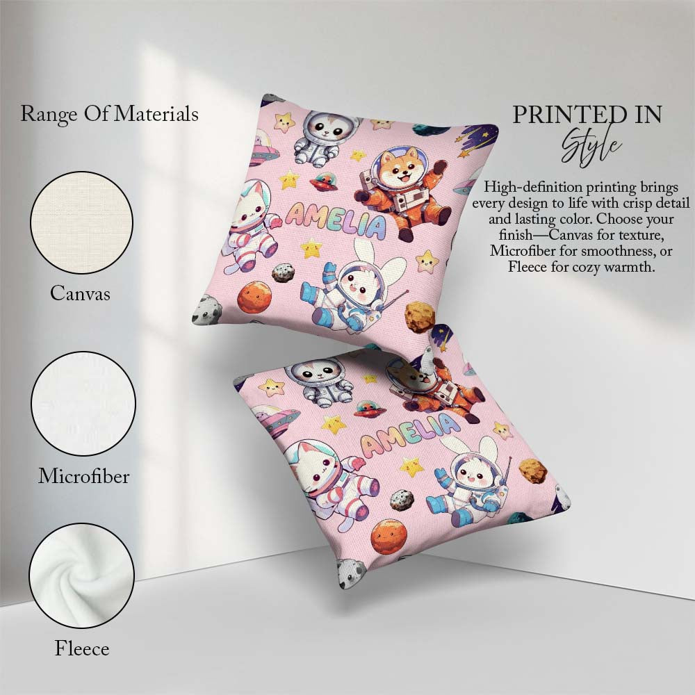 Custom Name Space Animals Astronaut Dog Bunny UFO Stars Seamless Square Filled Cushion Throw Pillow Sofa Bed Home Decor Zip Washable UK Made