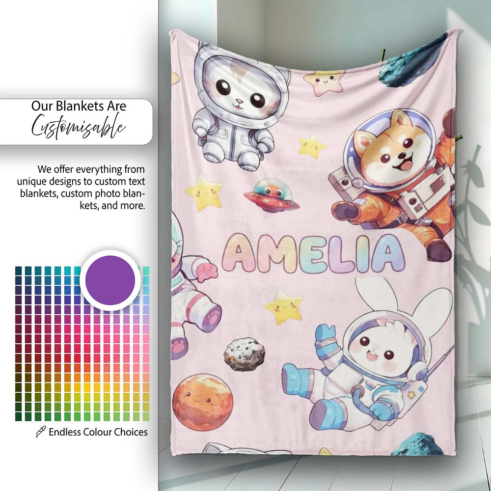Space Animals Astronaut Dog Bunny UFO Stars Seamless Blush Pink Personalised Custom Name Super Soft Fleece Blanket Bed Sofa Throw
