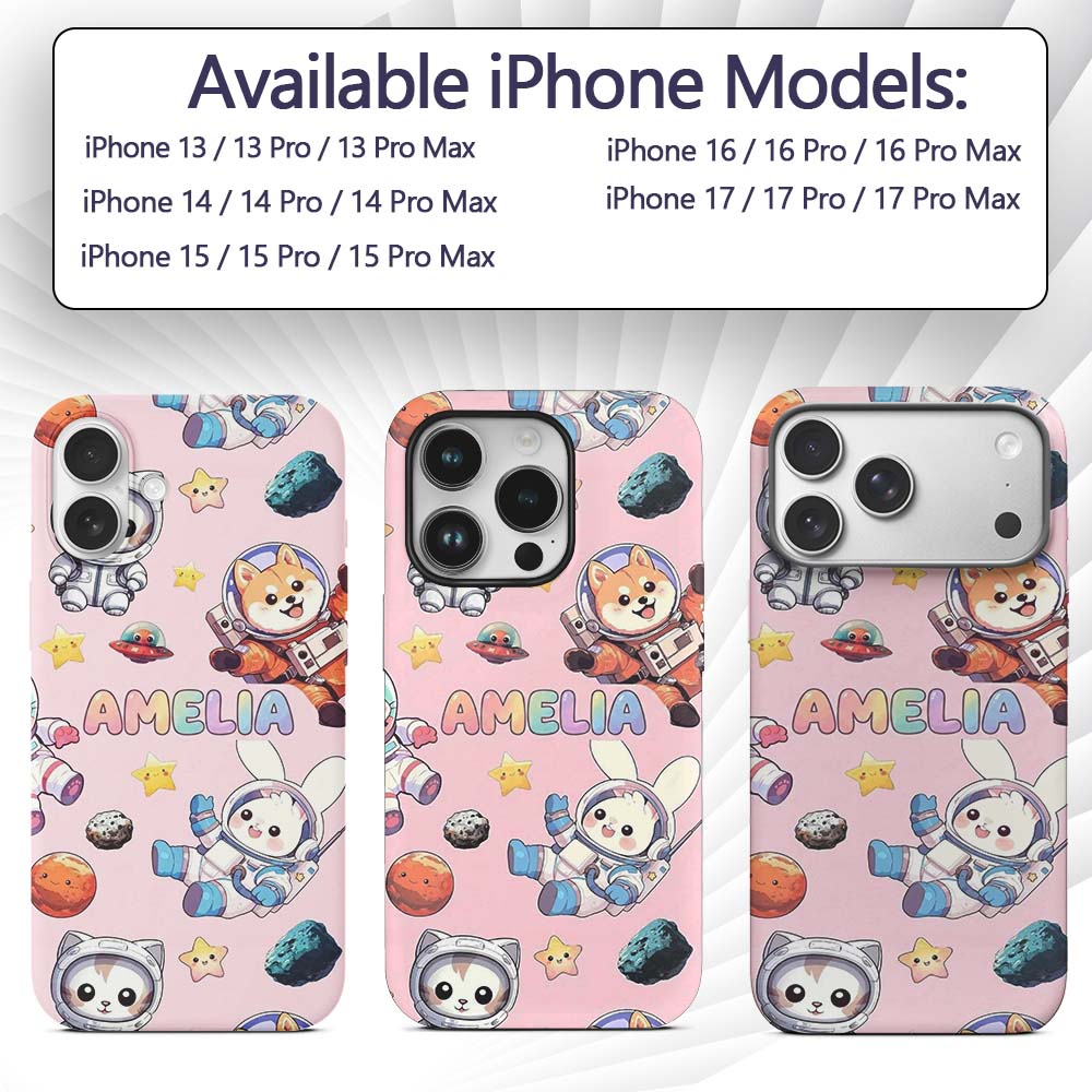 Space Animals Astronaut Dog Bunny Printed Design Custom Name Protective Phone Case Mobile Cover Durable Everyday Smartphone Shock Resistant
