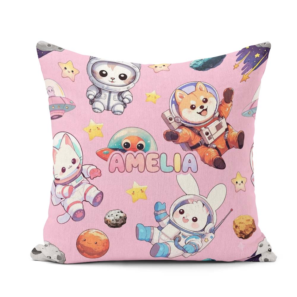 Custom Name Space Animals Dog Bunny UFO Stars Seamless Soft Pink Square Filled Cushion Throw Pillow Sofa Bed Home Decor Zip Washable UK Made